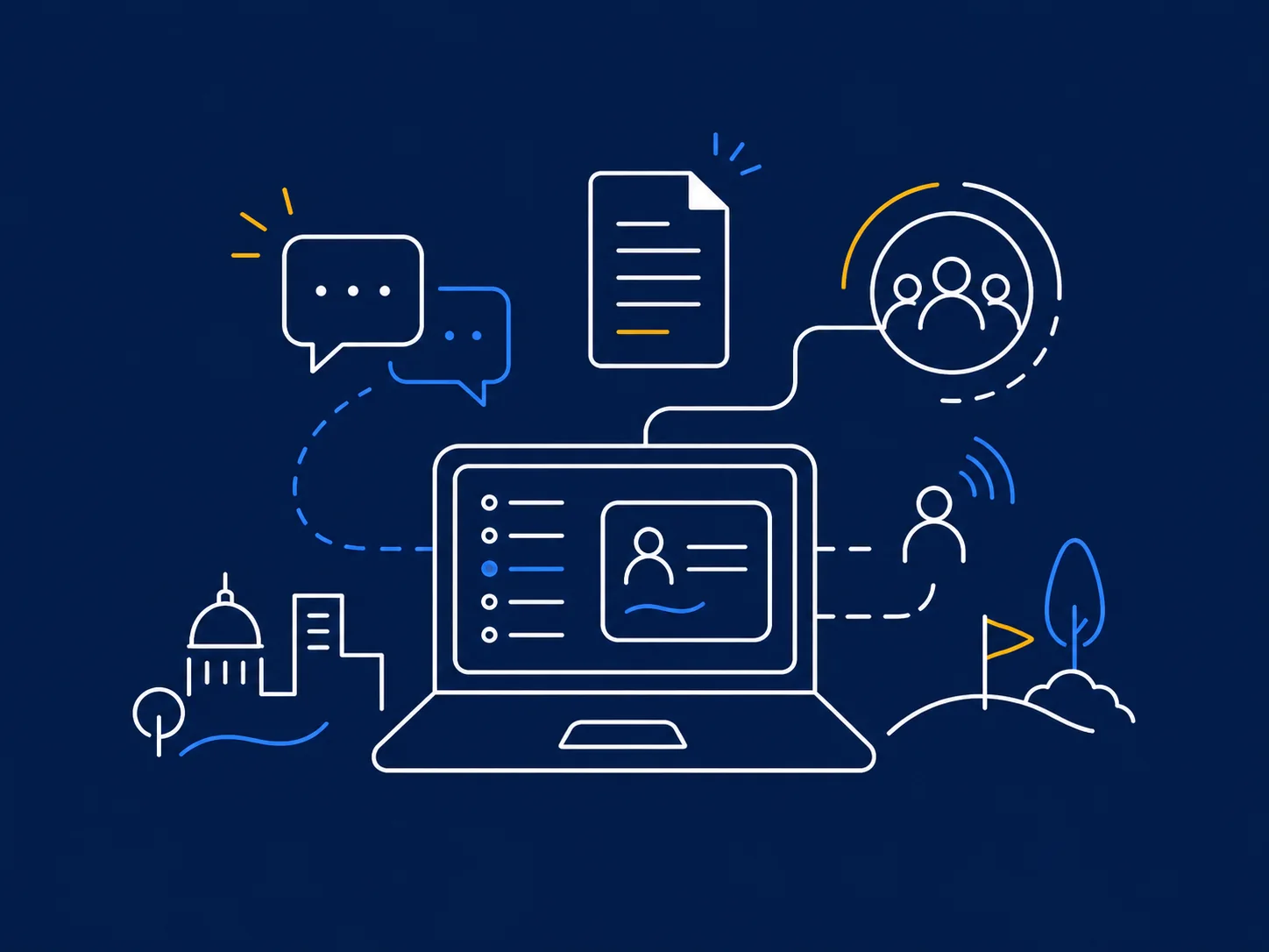 Line illustration showing civic organizations, information, technology, and communities connected through digital tools