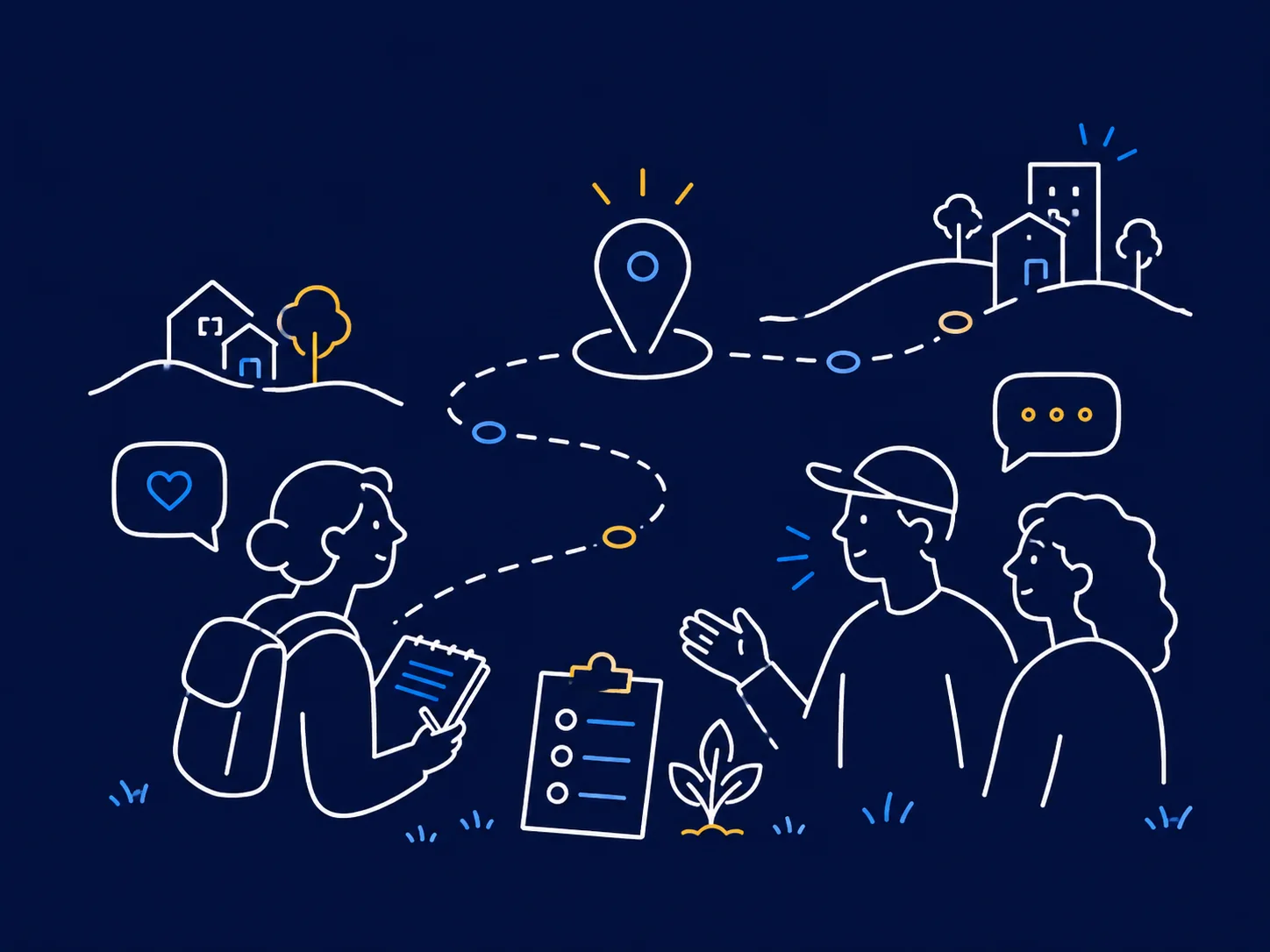 Line illustration of community outreach, mapping, and field research