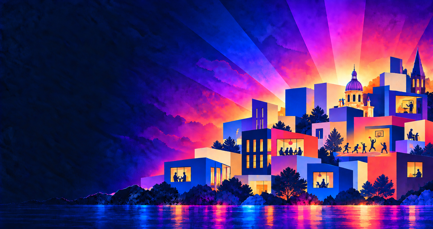 Colorful civic cityscape for the Democracy+AI Accelerator